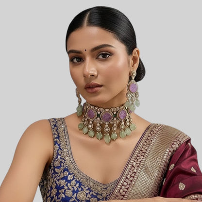 Lavender Stone and Mint Green Beaded Kundan Choker Necklace Set with Earrings