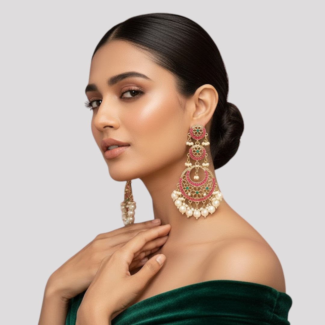 Gold-Plated Chandbali Earrings with Pink Floral Motifs & Pearl Drops