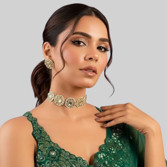 Gold-Plated Kundan Choker Necklace with Matching Earrings