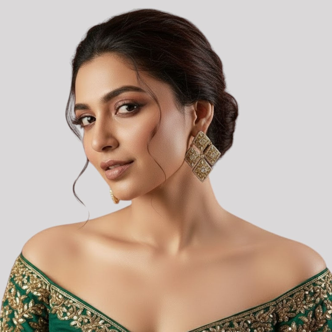 Designer Gold-Toned & White Kundan Studded Square Drop Earrings for Women