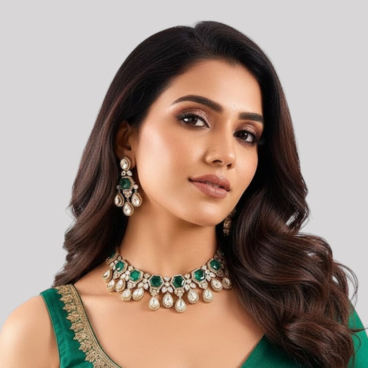 Gold Kundan Polki Emerald Necklace Set