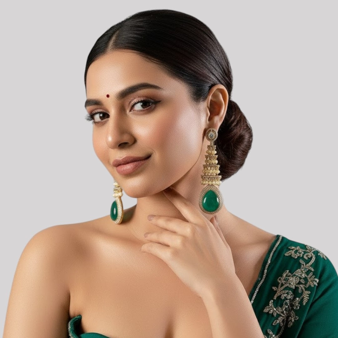 Green Teardrop Tiered Jhumka Earrings