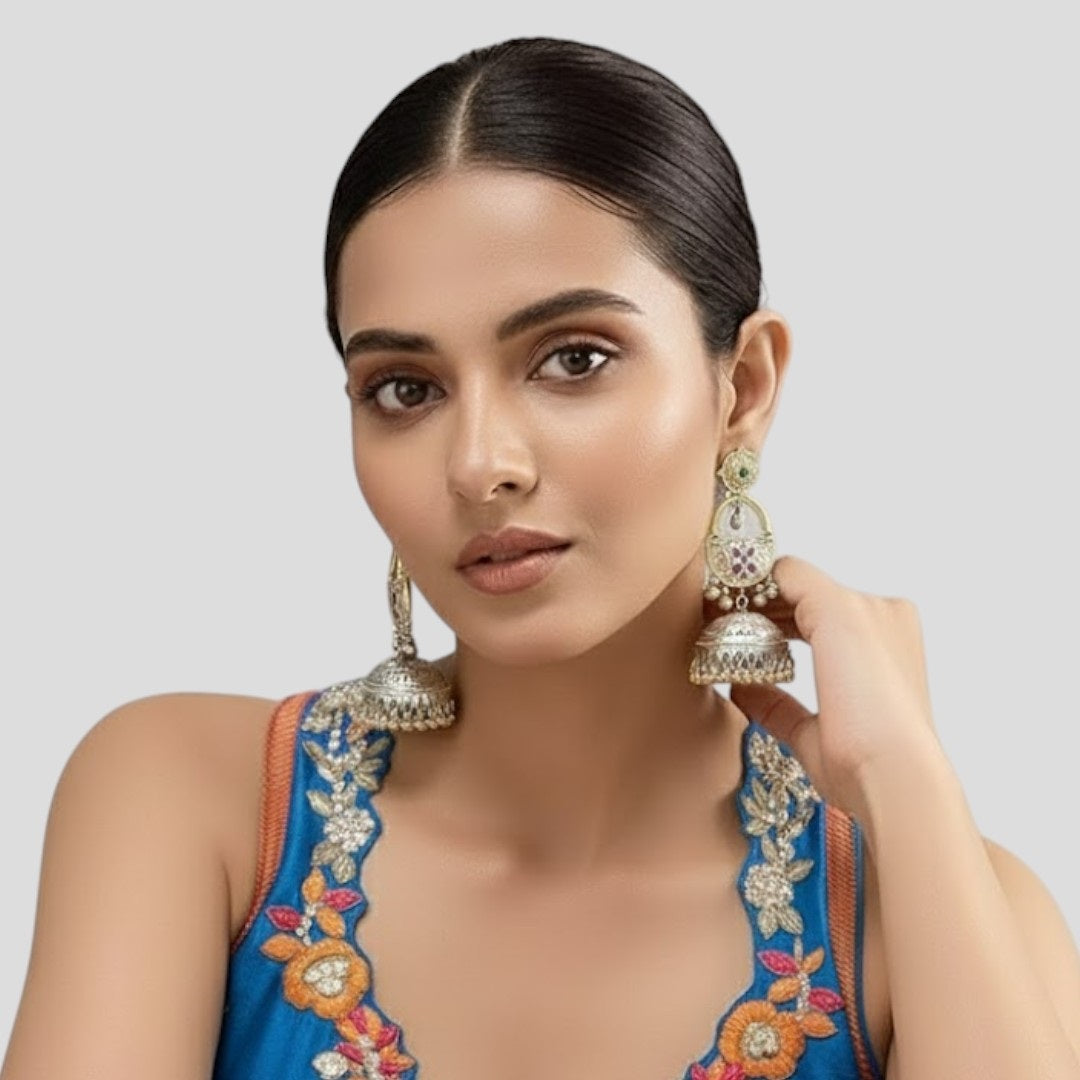 Gold & Silver-Plated Traditional Jhumka Earrings with Green & Pink Stone Detailing