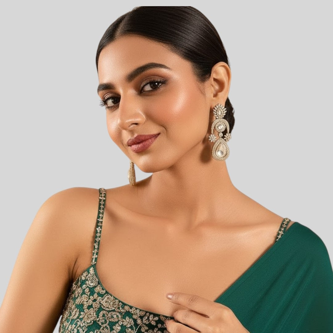 Gold Plated Kundan Drop Statement Earrings