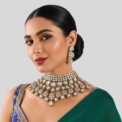 Gold Finish Floral Motif & Kundan Stone Choker Necklace Set