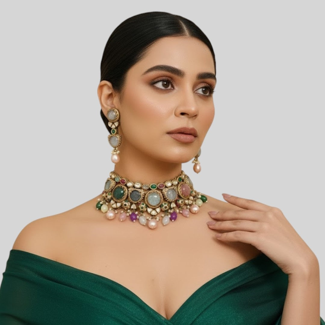 Multicolor Kundan Choker Necklace Set with Earrings