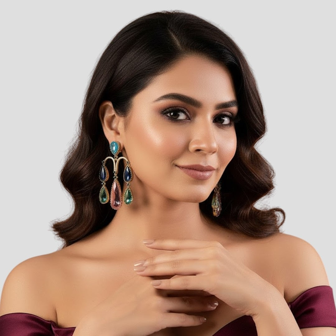 Gold-Plated Multi-Color Teardrop Statement Earrings