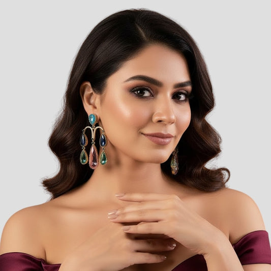 Gold-Plated Multi-Color Teardrop Statement Earrings