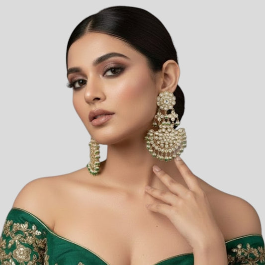 Gold-plated Kundan dome jhumka earrings with green bead Chandbaali - perfect ethnic party jewelry