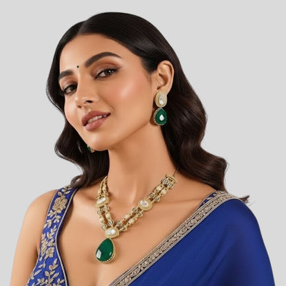 Royal Emerald Green Drop Necklace Set with Double-Strand Kundan Chain and Complementing Earrings