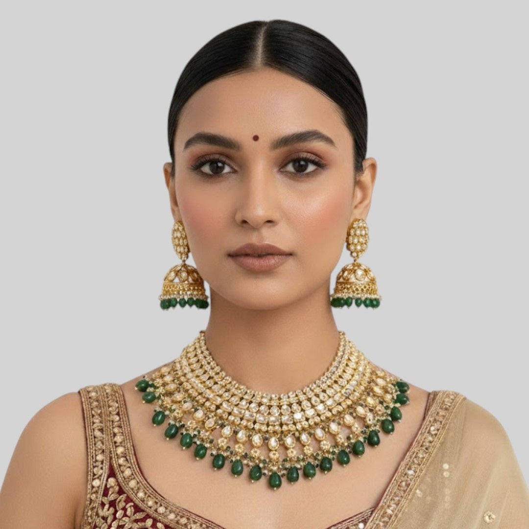 Royal Kundan Pearl & Green Bead Bridal Necklace Set with Jhumka Earrings