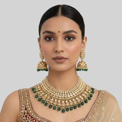 Royal Kundan Pearl & Green Bead Bridal Necklace Set with Jhumka Earrings