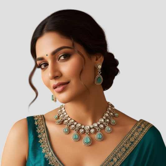 Gold Finish Kundan Polki Choker Necklace Set with Mint Green Drops – Bridal Jewelry Set
