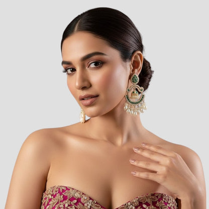 Gold-Tone Green Stone Chandbali Earrings with Pearl Drops & Mini Jhumka