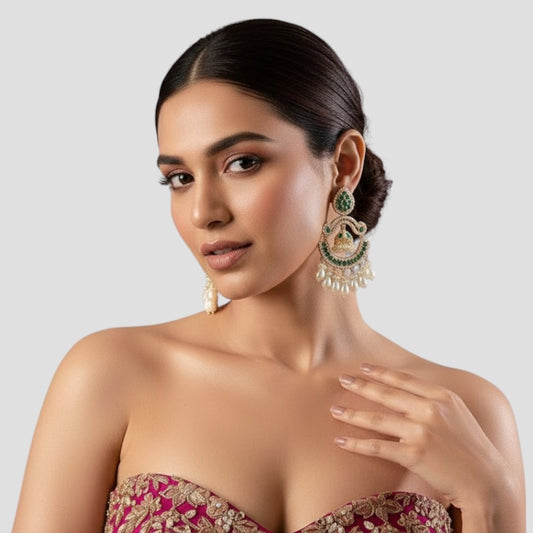 Gold-Tone Green Stone Chandbali Earrings with Pearl Drops & Mini Jhumka