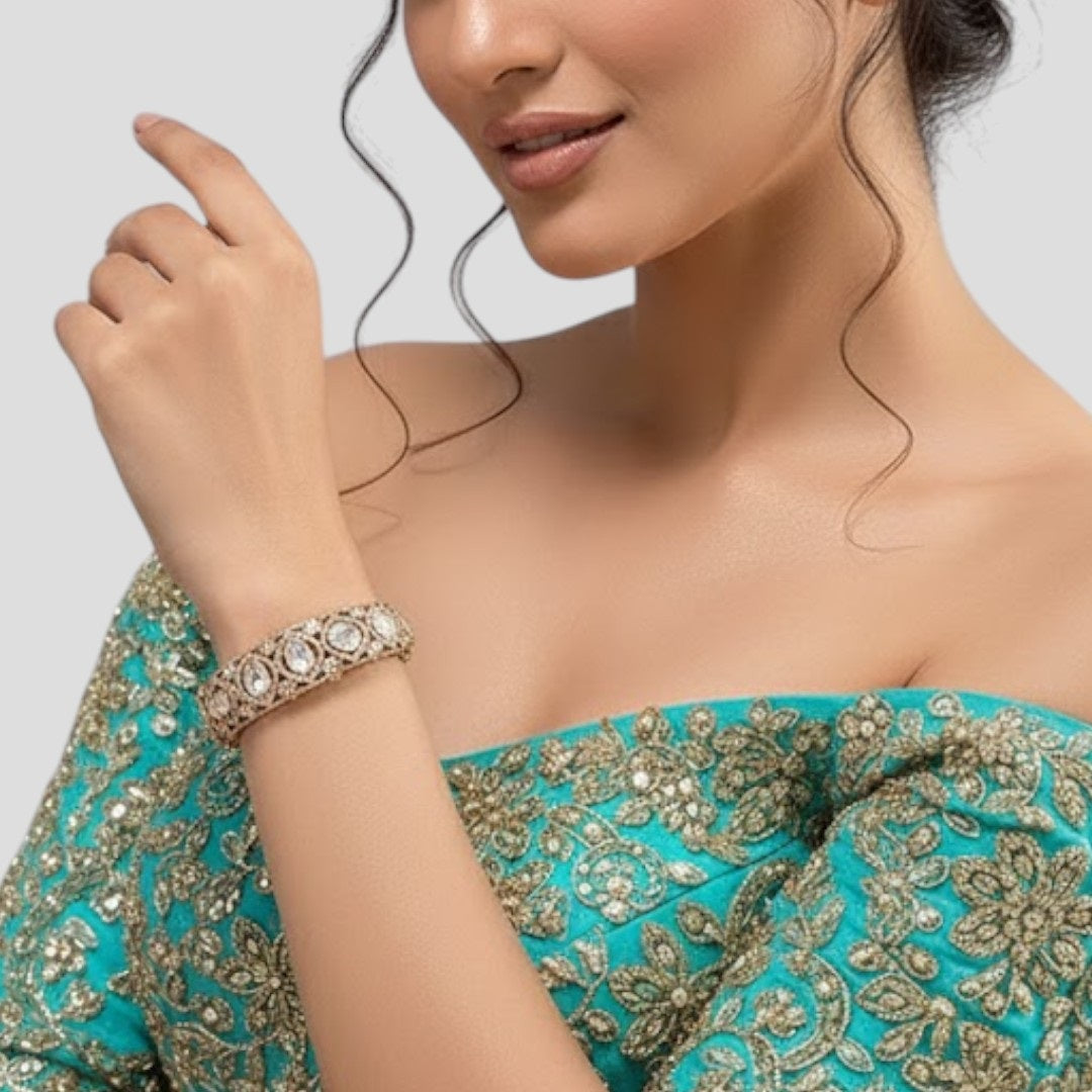 Traditional Gold-Plated Kundan Bangle with Red & White Stones for Women