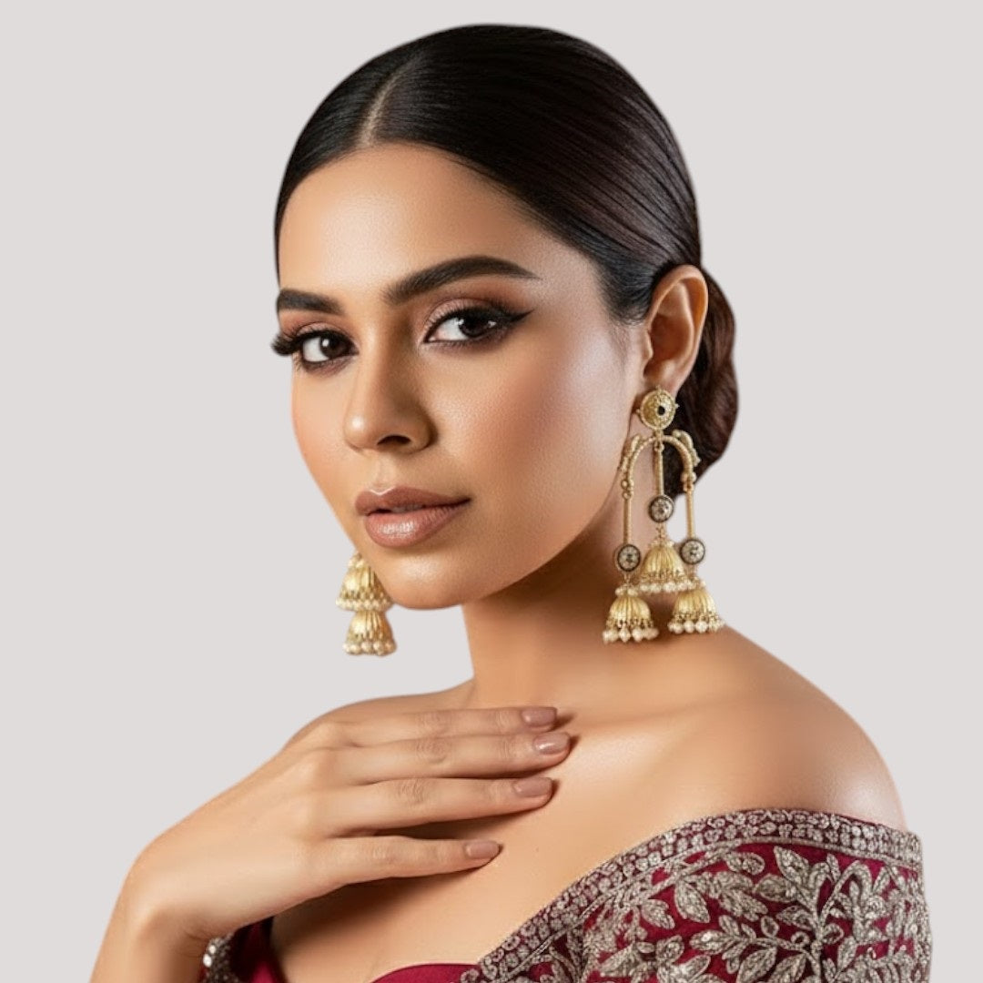 Traditional Gold-Tone Multi Jhumka Earrings with Pearl Drops