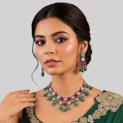 Beautiful Kundan Necklace Set with Green and Pink Beads