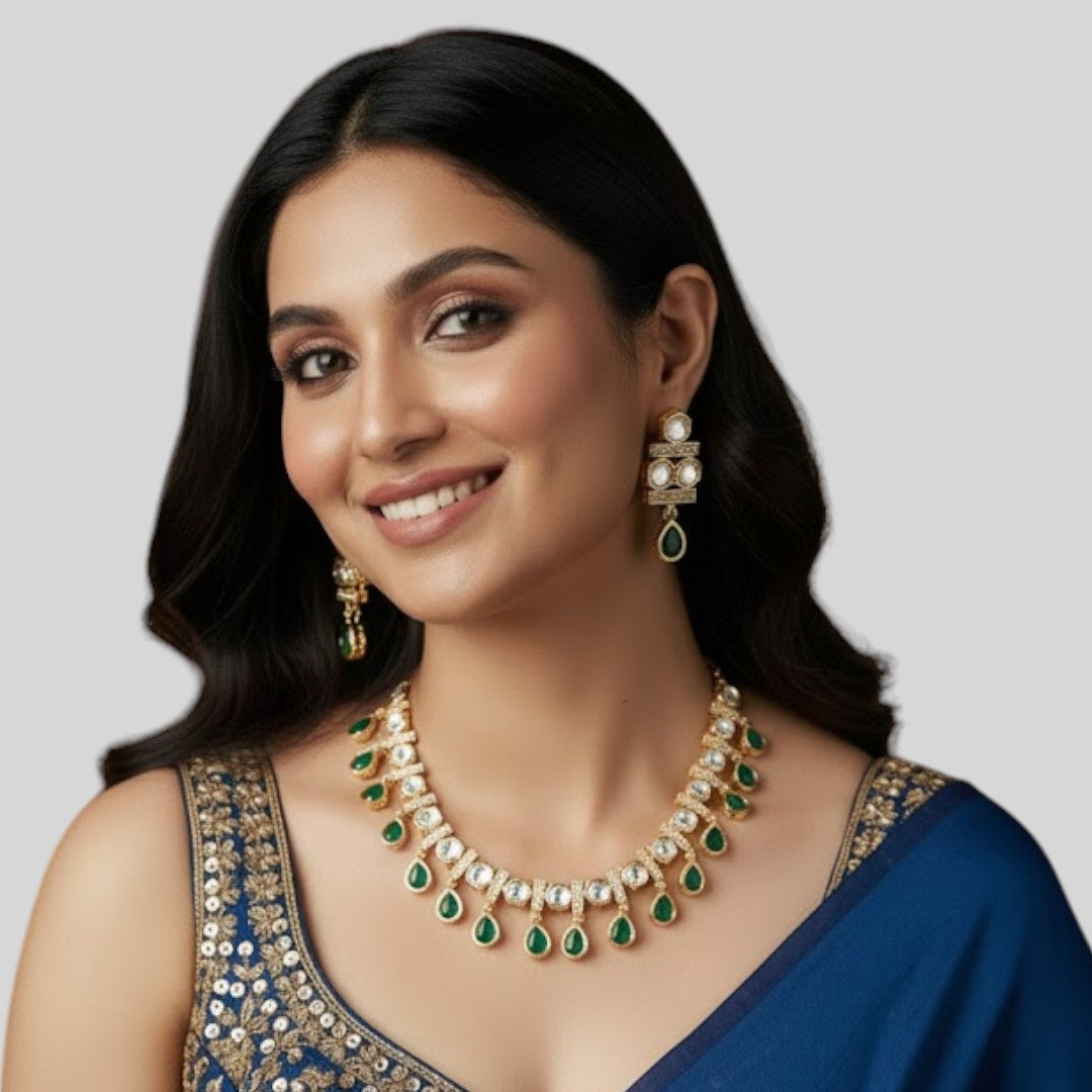 Classic Green Stone Kundan Necklace Set with Earrings