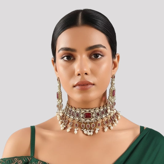 Red Kundan Pearl Choker Necklace Set with Earrings for Bridal and Traditional Wear