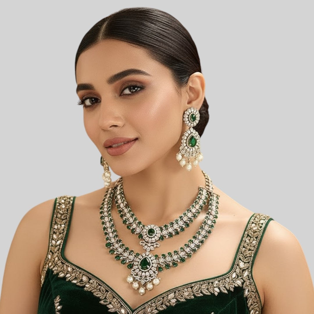 Emerald Royale Layered Necklace Set with Earrings