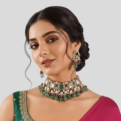 Royal Emerald &amp; Ruby Stone Bridal Choker Set