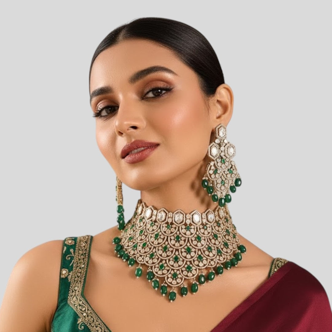 Luxury Mint Green Kundan Bridal Choker Necklace Set with Earrings for Women