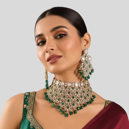Luxury Mint Green Kundan Bridal Choker Necklace Set with Earrings for Women