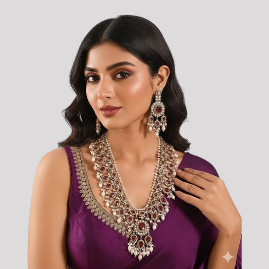 Royal Ruby Red Kundan Necklace Set with Pearl Fringe Detailing