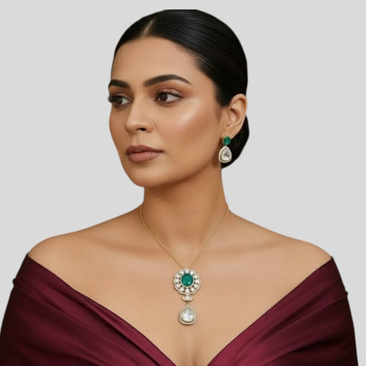 Elegant Emerald Green Stone Necklace Set with Earrings for Women
