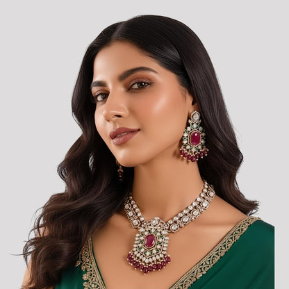 Beautiful Ruby Kundan Necklace Set with Designer Stud Earrings and Pearl Embellishments