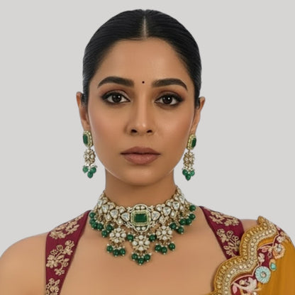 Gold-Plated Kundan Choker Necklace Set with Green Beads & Earrings for Women