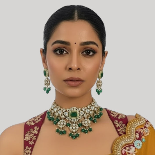 Gold-Plated Kundan Choker Necklace Set with Green Beads & Earrings for Women