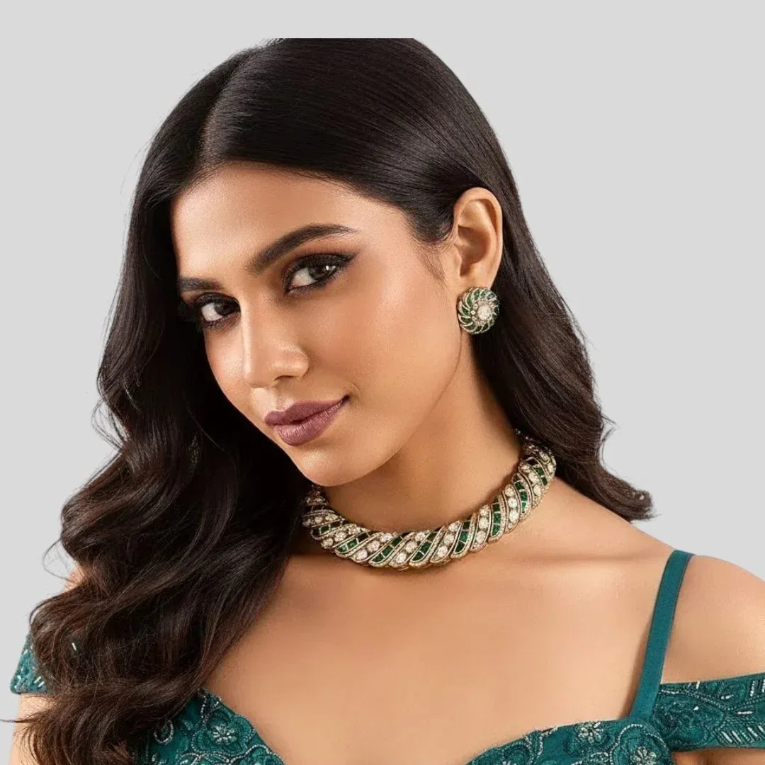 Emerald and CZ Bold Spiral Choker Necklace Set with Stud Earrings - Auraa Trends