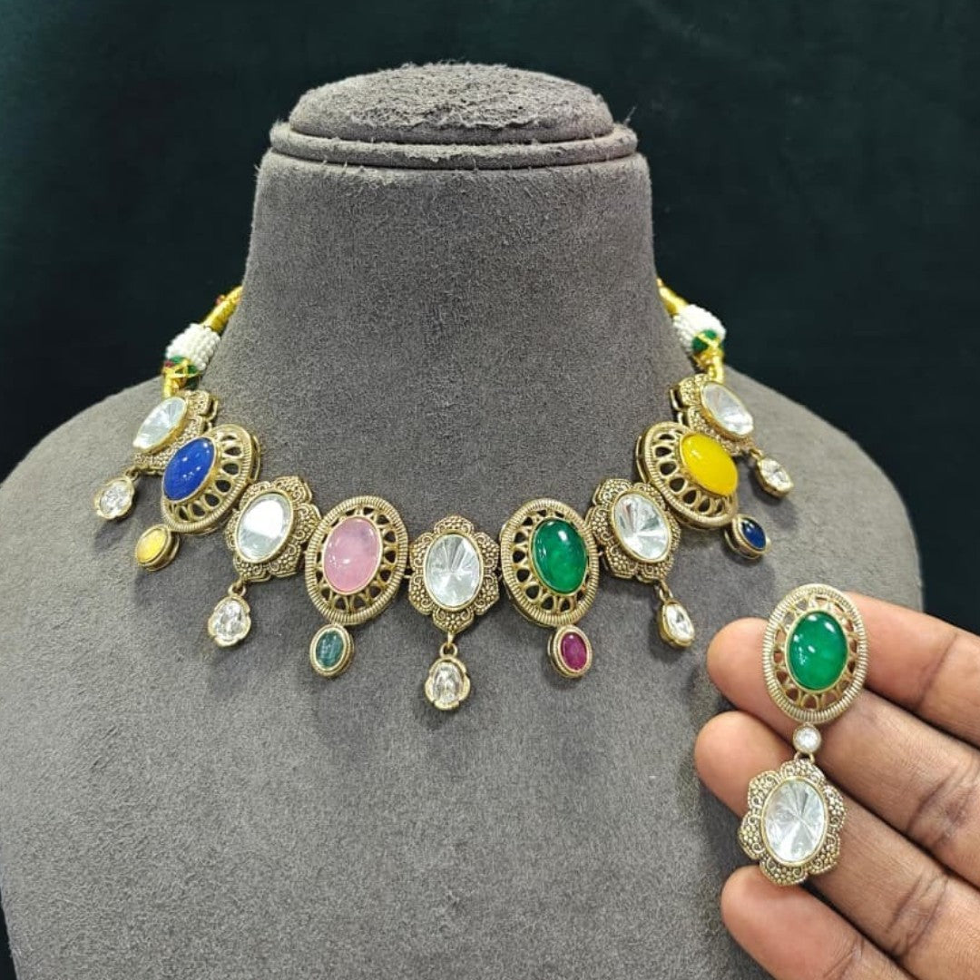 Antique gold plated Victorian multicolour choker necklace set with blue, pink, green and yellow oval stones and matching green drop earring