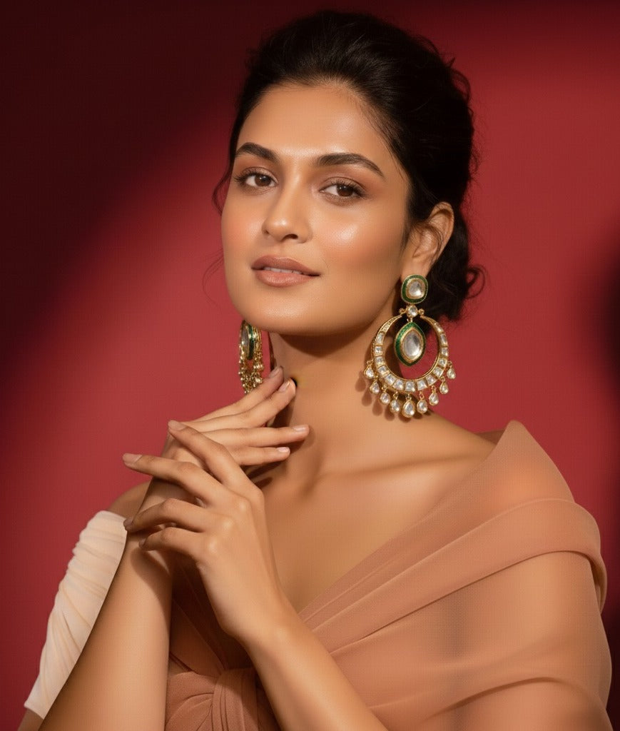 Kundan Mehandi Polish Circular Earrings with Crystal Drops