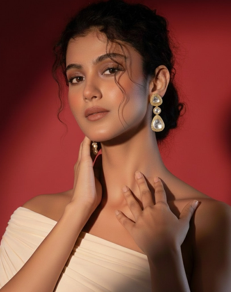 Elegant Gold-Plated Triple Stone Kundan Earrings