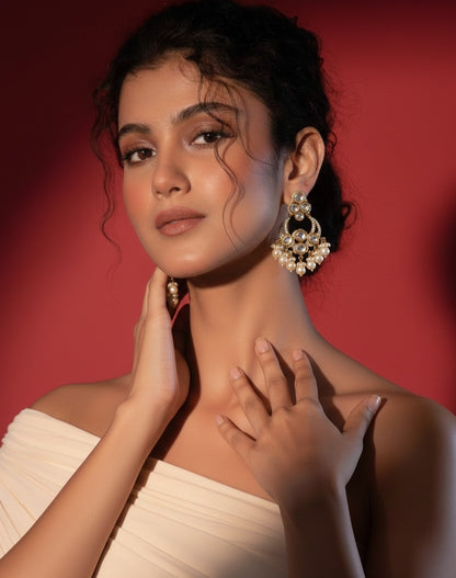 Gold-Plated Kundan & Pearl Chandbali Earrings for Women