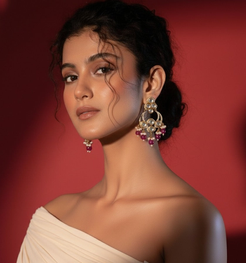 Gold-Plated Kundan Chandbali Earrings with Pink Beads & Pearls for Women