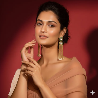 Minimalist Green Kundan Stud with Multi-Chain Golden Dangler Earrings