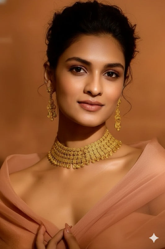 Royal Gold Plated Bridal Necklace Set with Earrings & Maang Tikka for Women