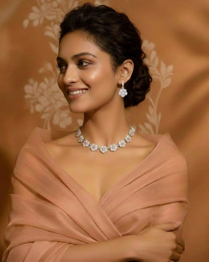 Floral Crystal Necklace & Earring Set in Silver Finish