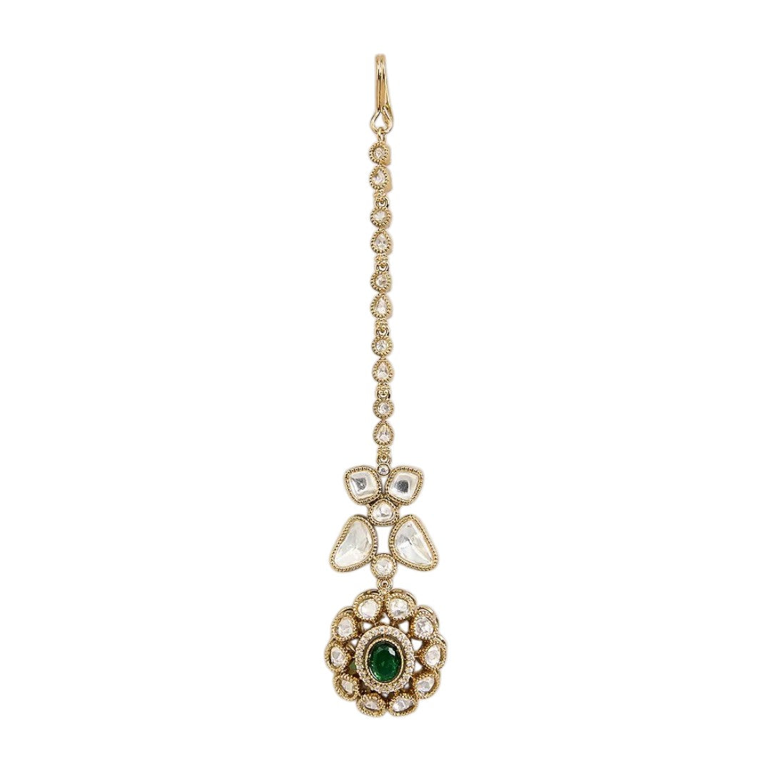Gold-Plated Kundan Maang Tikka with Emerald Green