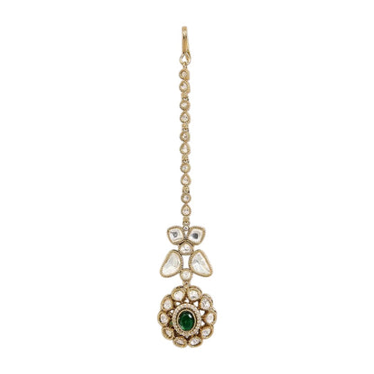 Gold-Plated Kundan Maang Tikka with Emerald Green