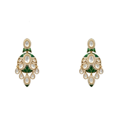 Gold-tone green meenakari kundan necklace set with round centre pendant, leaf-shaped drops and matching drop earrings on a grey display bust