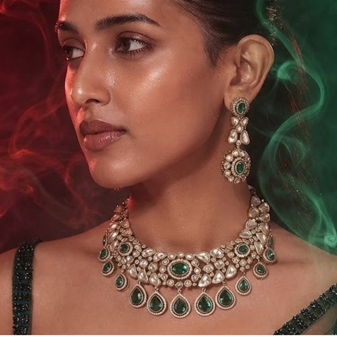 Statement Kundan Necklace Set with Green Stone Drops