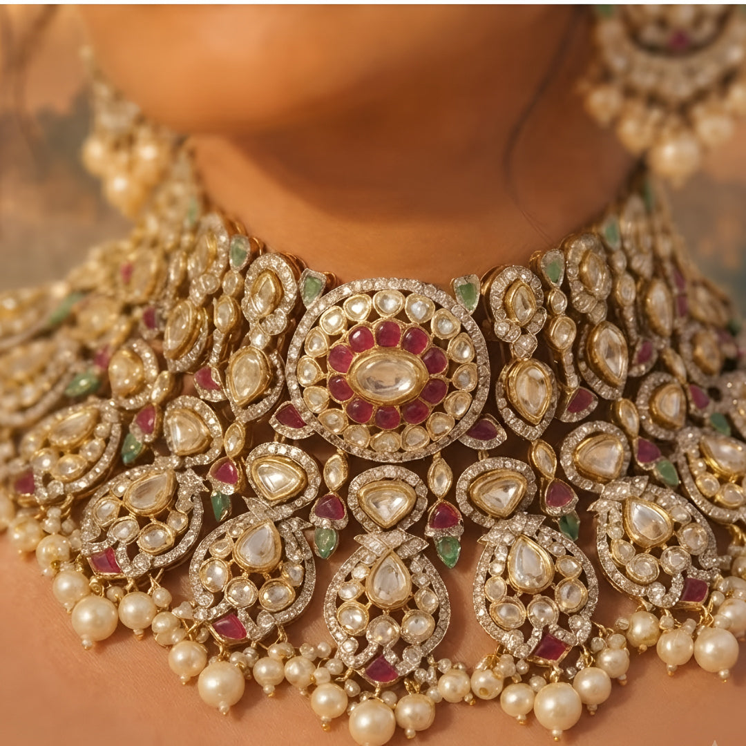 "Antique gold kundan polki bridal choker necklace set with ruby, emerald and pearl drops, paired with matching chandbali earrings"
