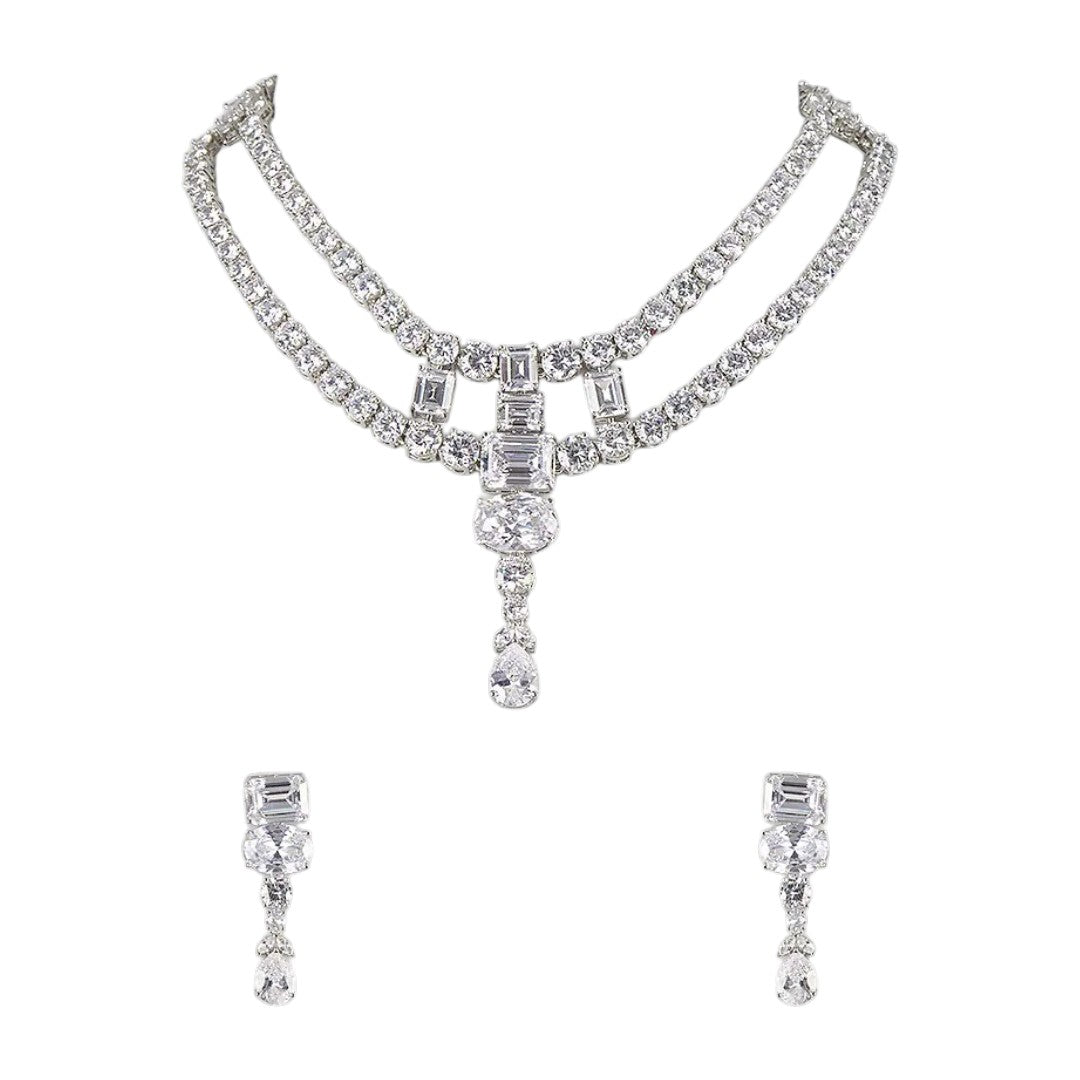 American Diamond Studded Silver Double-Layer Necklace Set with Pear Drop Pendant