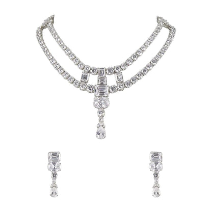 American Diamond Studded Silver Double-Layer Necklace Set with Pear Drop Pendant