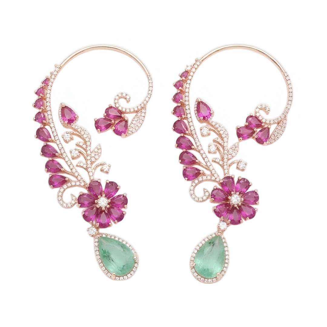 Rose gold ear cuff earrings with ruby pink pear-cut flower, pavé zircon vine design and mint green teardrop stone
